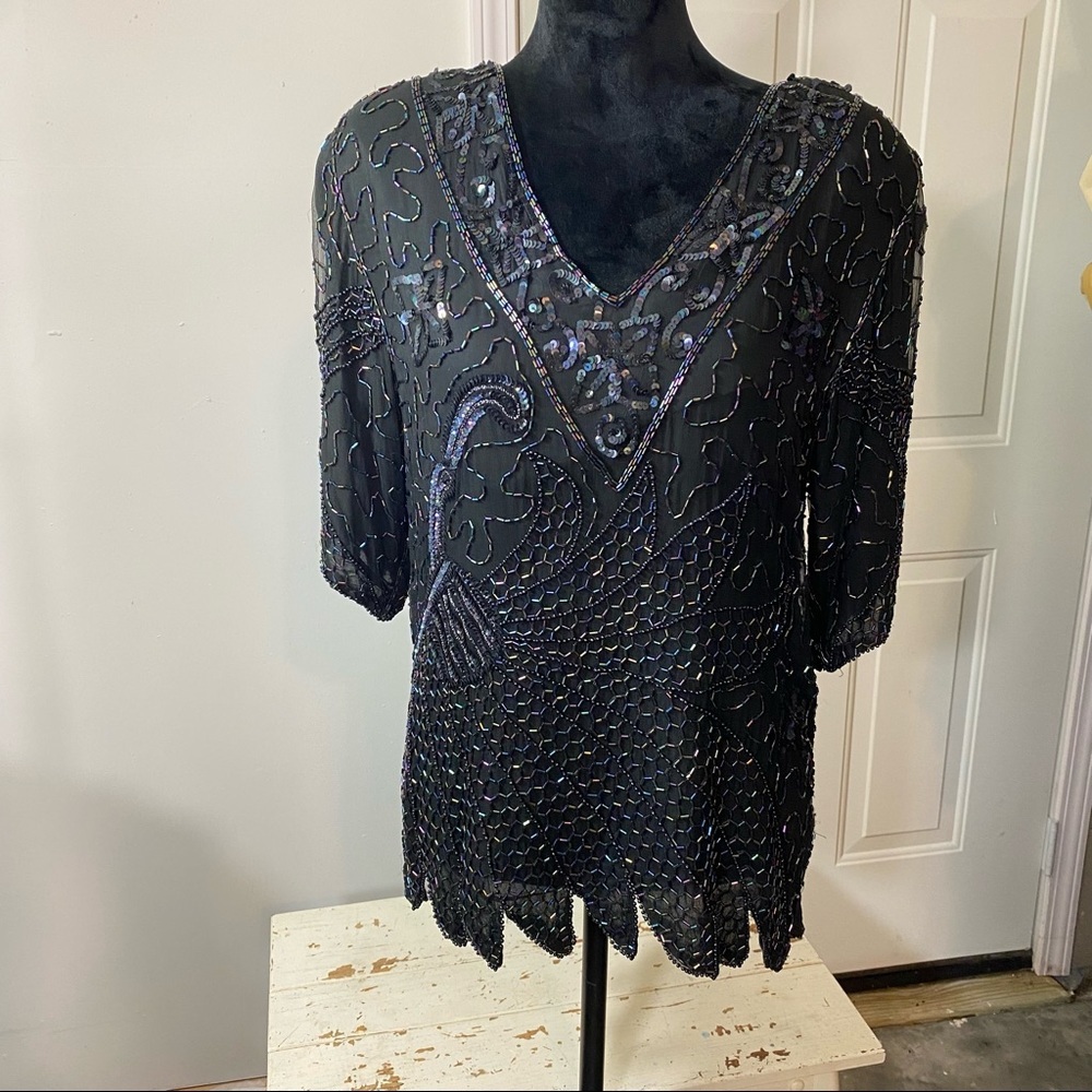 Mark&John Sequins Silk Skirt Set Sequins Pencil Skirt Pullover V Necklin…